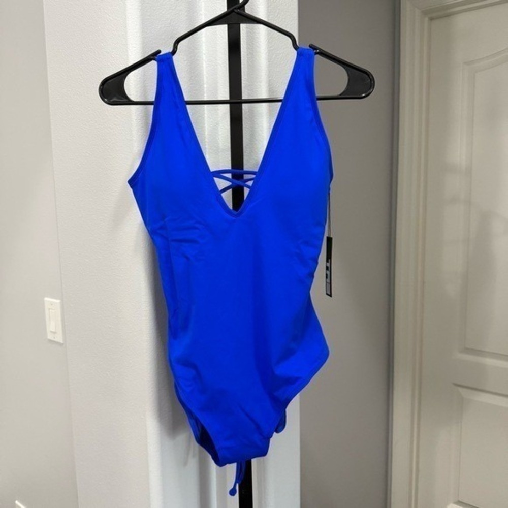 TA3 Plungey One Piece Swimsuit L SHORT Sapphire Summer Beach Vacation Shapewear